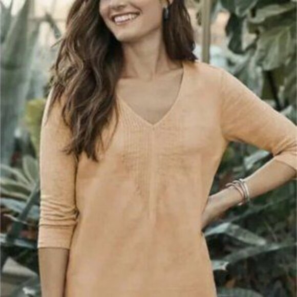 J. Jill Love Linen Pleated V-Neck Linen Tunic Top in Peach Blossom Size Small - Picture 4 of 13